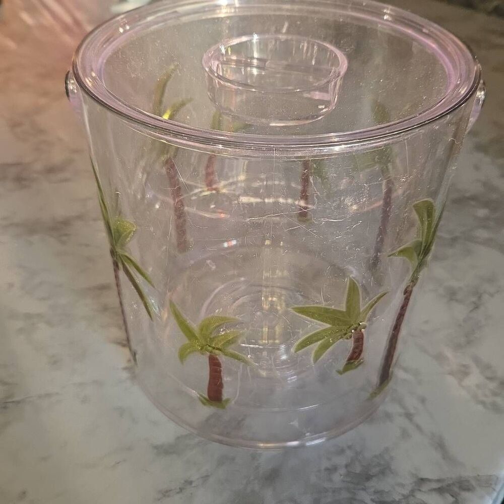 Tiki Palm Trees Clear Plastic Ice Bucket‎ & Tongs Tiki Bar Man Cave Barware 7.5"